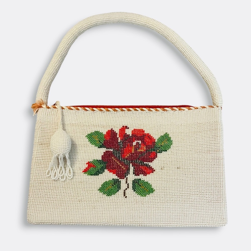 Vintage Lampo Italy Beaded Floral Red Rose Handbag White Top Handle Bag
